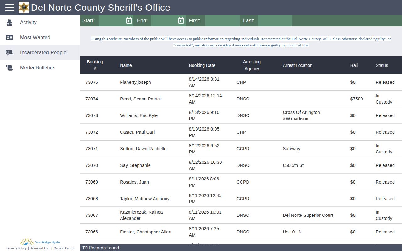 Del Norte County jail roster and recent booking search