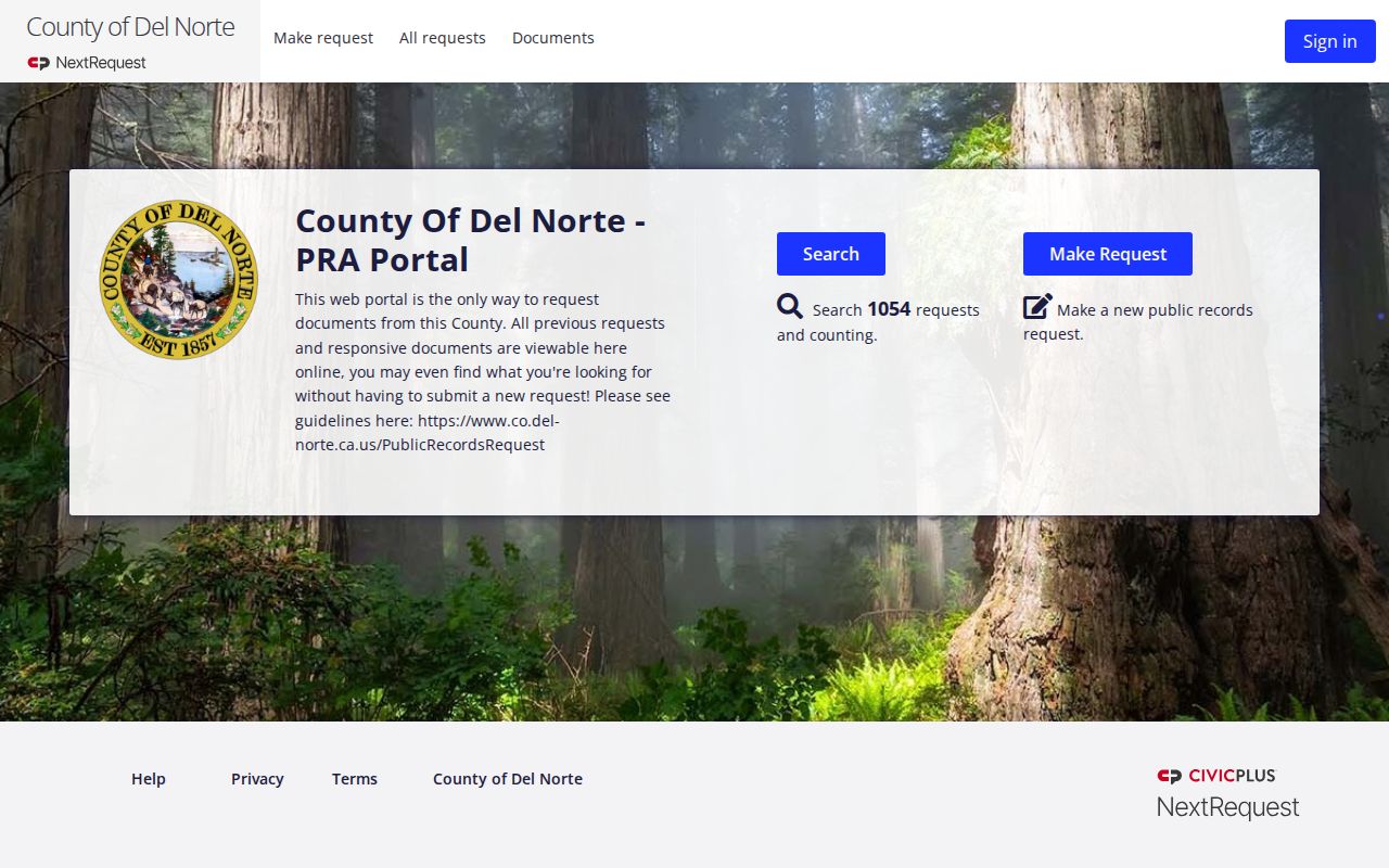 Del Norte County booking record request interface