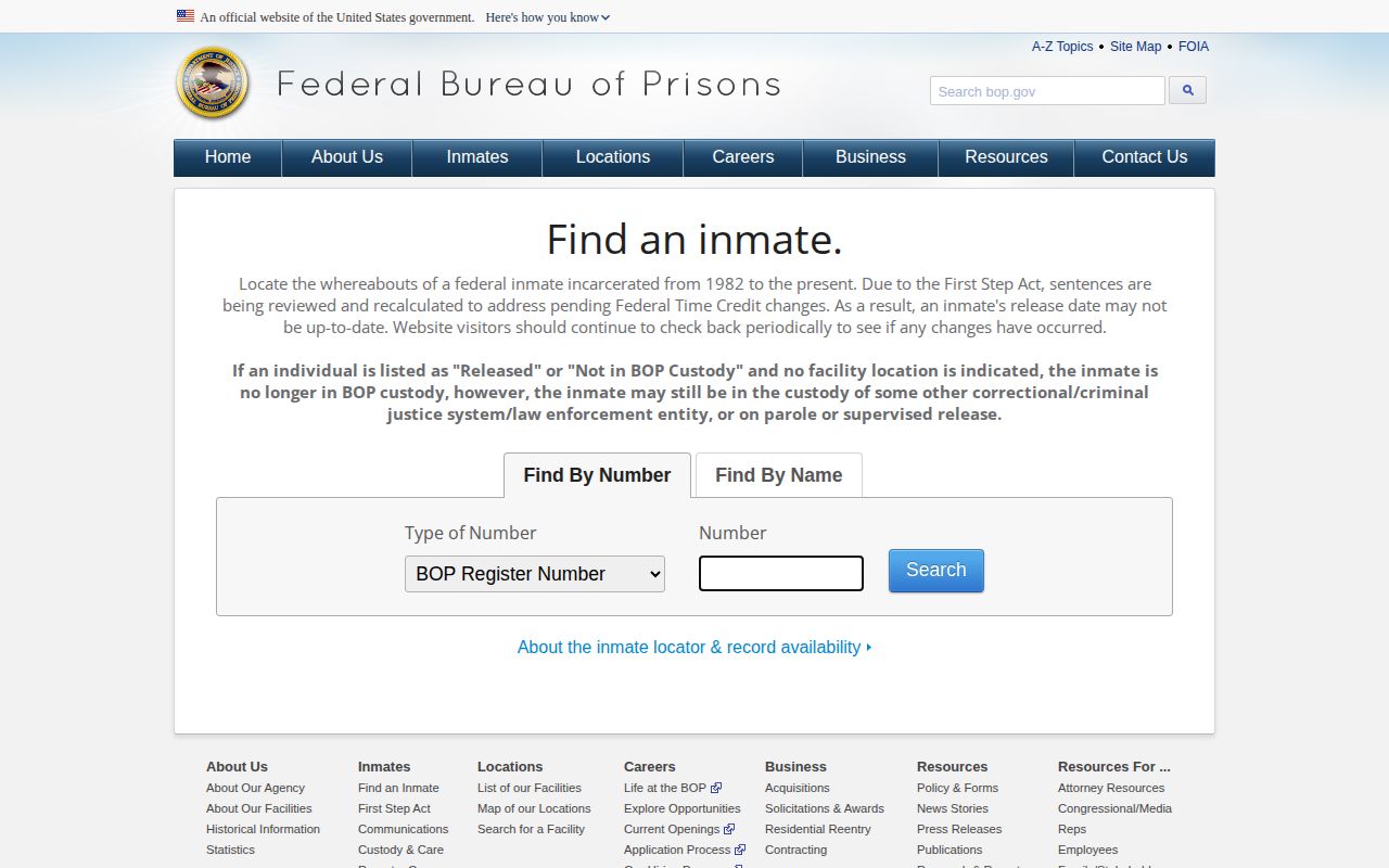 Federal Bureau of Prisons locator for custody records beyond Del Norte County warrants