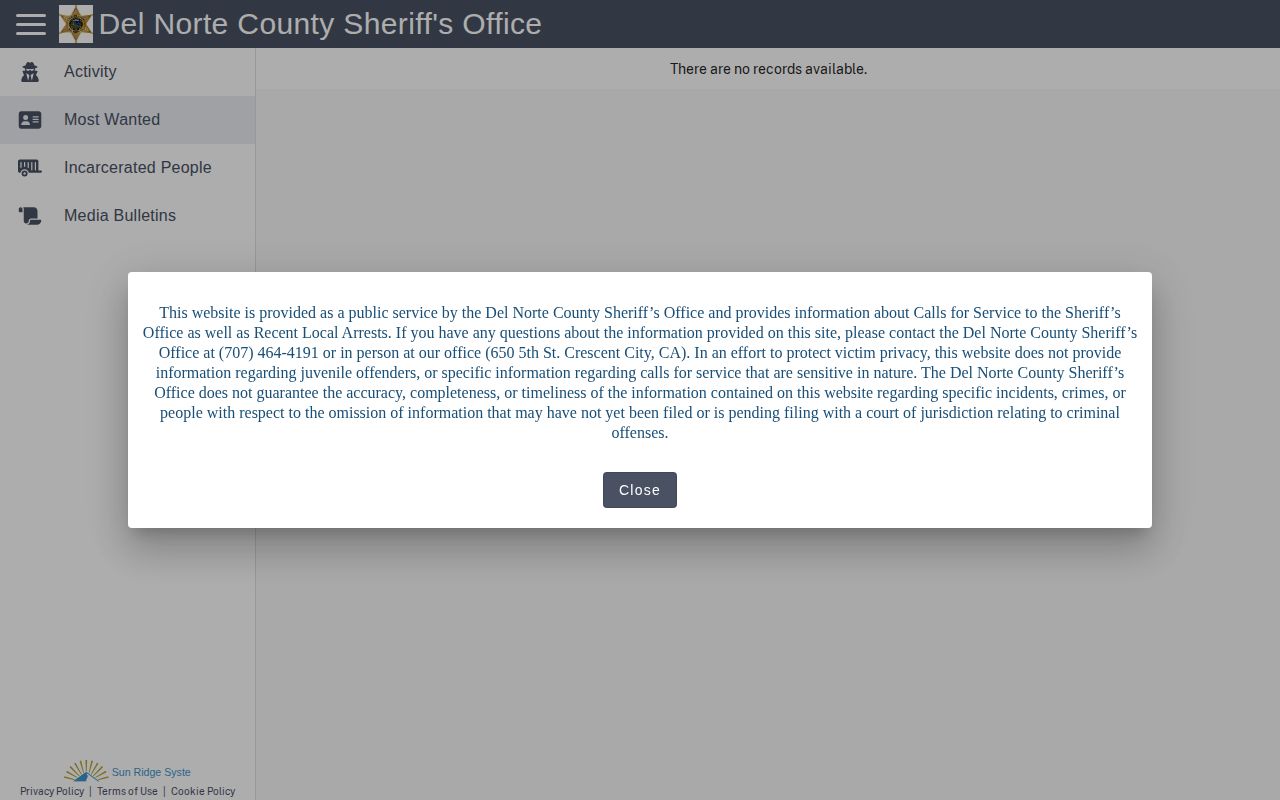 Del Norte County most wanted record interface with no local wanted photos